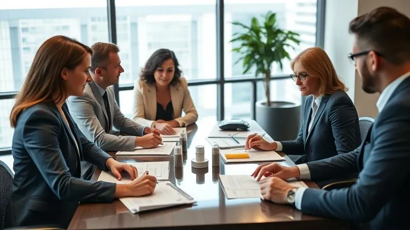 A photorealistic image of a diverse team of financial professionals (accountant, advisor, attorney) collaborating around a conference table with documents and digital displays, symbolizing integrated wealth management, cinematic lighting, sharp focus, depth of field, 8K hyper-detailed, shot on a high-end DSLR.