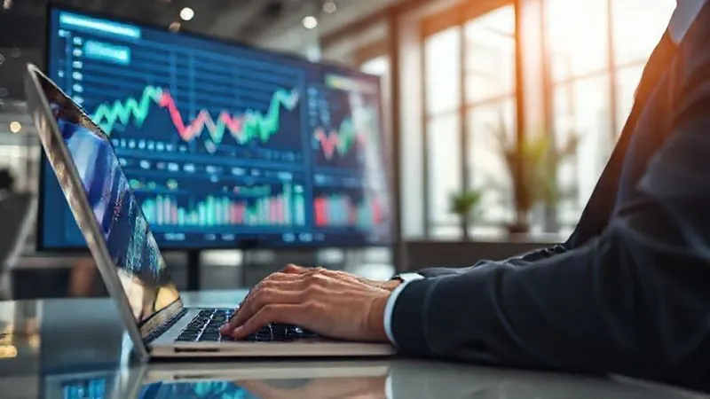 photorealistic, professional photography, 8K, cinematic lighting, sharp focus, depth of field, shot on a high-end DSLR, a sophisticated business person in a modern office setting, typing on a laptop with one hand while gesturing towards a complex financial chart on a large screen with the other, a sense of focused activity and multi-tasking, symbolizing leveraging skills for additional income.