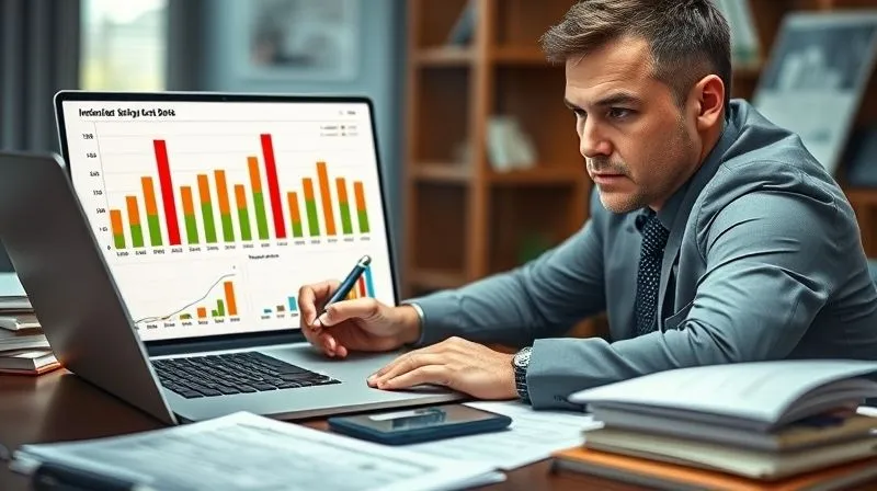 A photorealistic image of a professional at a desk, surrounded by financial documents and a laptop displaying a complex, color-coded bar chart illustrating various debts by balance and interest rate, with the highest bars highlighted in red. The person has a determined expression, making notes. Cinematic lighting, sharp focus on the documents, depth of field blurring the background, 8K hyper-detailed.