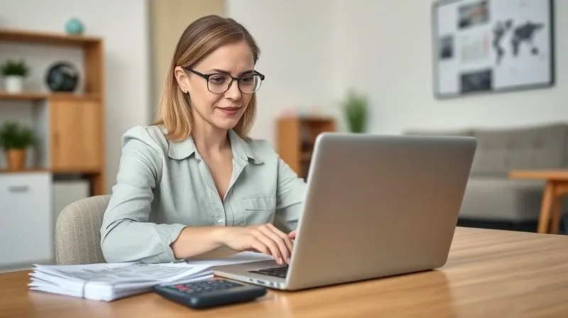 A photorealistic image of a professional, Sarah, diligently working on a budget spreadsheet on her laptop, with a focused expression. Next to her, a small stack of bills and a calculator. The background is a clean, modern home office. Soft, natural light, sharp focus on Sarah and the laptop, depth of field blurring the background, 8K hyper-detailed.