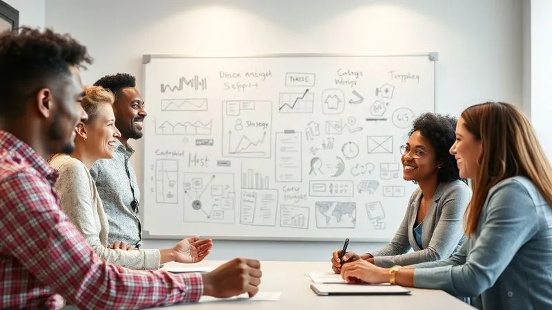 A photorealistic image of a diverse small business team actively collaborating and brainstorming around a modern whiteboard, filled with ideas and strategy diagrams. The team members are engaged and enthusiastic, showcasing synergy and innovation. Bright, professional office lighting, 8K hyper-detailed, professional photography, sharp focus on the team, depth of field blurring the background.