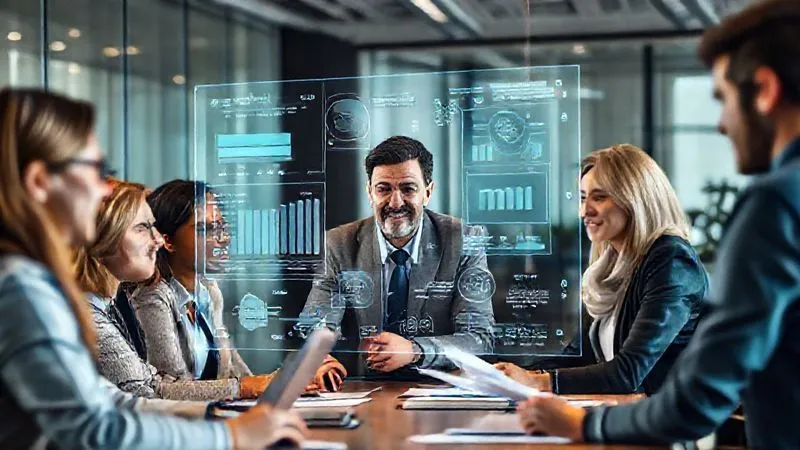 A photorealistic image showcasing a modern professional office environment, where diverse team members are collaboratively working around a holographic display projecting financial data and complex tax forms. A senior tax advisor, with a reassuring expression, guides the team. Cinematic lighting, sharp focus on the team and holographic display, depth of field blurring the background. 8K hyper-detailed, professional photography, shot on a high-end DSLR.