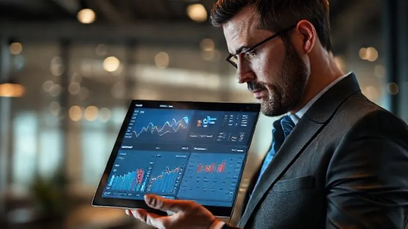 A photorealistic image of a business professional, mid-30s, focused on a tablet displaying a sophisticated travel analytics dashboard with real-time flight prices, hotel availability, and cost-saving recommendations. The screen shows dynamic graphs and alerts, with a blurred, modern office background. Professional photography, 8K, cinematic lighting, sharp focus, depth of field, shot on a high-end DSLR.
