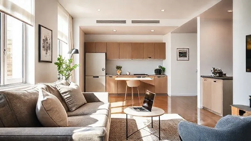 A photorealistic image of a modern, minimalist serviced apartment living area, bathed in soft, natural light, with a comfortable sofa, a small workspace with a laptop, and a discreet kitchenette in the background. The scene conveys comfort, functionality, and cost-effectiveness for a business traveler. Professional photography, 8K, cinematic lighting, sharp focus, depth of field, shot on a high-end DSLR.