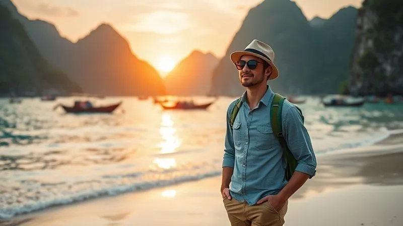 A photorealistic image of a professional traveler standing on a less-crowded, pristine beach in Southeast Asia, with lush green mountains in the background and traditional fishing boats in the distance. The sun is setting, casting warm, cinematic light. Sharp focus on the traveler, depth of field blurring the background, 8K hyper-detailed, professional photography.