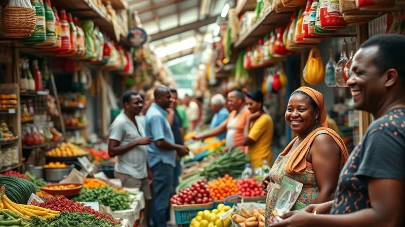 A photorealistic, vibrant image of a bustling local market in a developing country, filled with colorful spices, fresh produce, and smiling vendors interacting with diverse customers. The lighting is bright and natural, capturing the energy and authenticity of the scene. Sharp focus on the market activity, depth of field blurring the background, 8K hyper-detailed, professional photography.