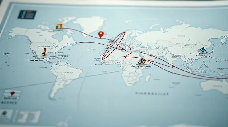 A photorealistic image of a detailed financial blueprint or roadmap, with lines and arrows pointing towards different travel destinations on a world map. There are small icons representing savings, investments, and side income. Cinematic lighting, sharp focus on the blueprint, depth of field blurring the background, 8K, professional photography.