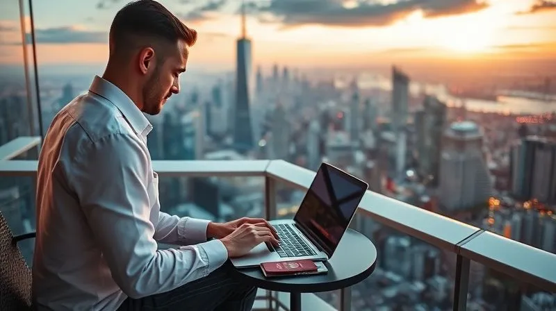 A photorealistic image of a professional working on a laptop on a balcony overlooking a stunning international city skyline at sunset. A passport and a local drink are on a small table. Cinematic lighting, sharp focus on the professional and laptop, depth of field blurring the city, 8K, professional photography.