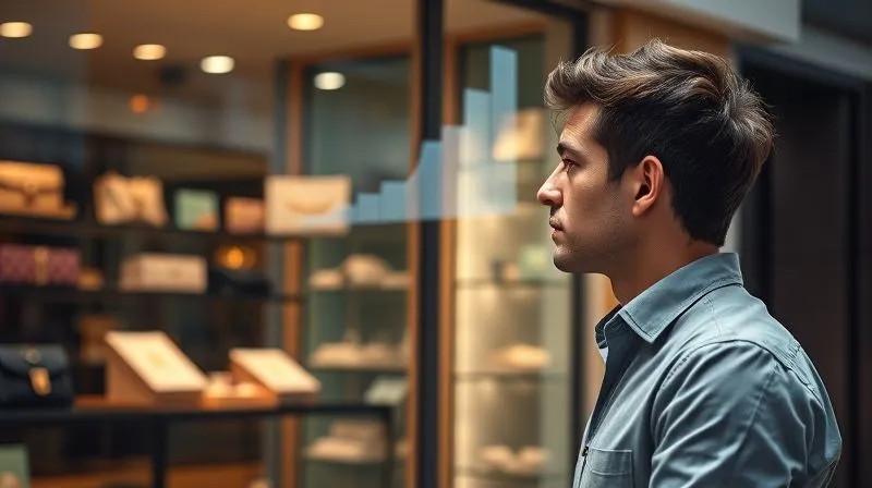photorealistic, professional photography, 8K, cinematic lighting, sharp focus, depth of field, shot on a high-end DSLR, a thoughtful professional standing in front of a storefront displaying luxury goods, but their gaze is directed towards a subtle digital overlay showing a growing savings account balance, symbolizing the internal conflict between immediate gratification and long-term financial goals.