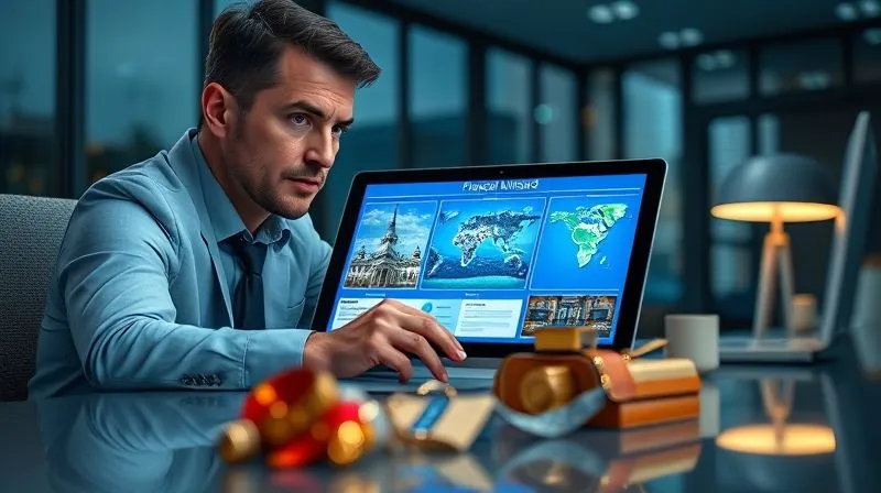 photorealistic, professional photography, 8K, cinematic lighting, sharp focus, depth of field, shot on a high-end DSLR, a focused professional at a sleek desk, looking intently at a digital tablet displaying a vibrant, personalized financial vision board with images of a dream home, global travel, and a 'retired' symbol, while a small, blurred pile of luxury items sits in the foreground, out of focus.