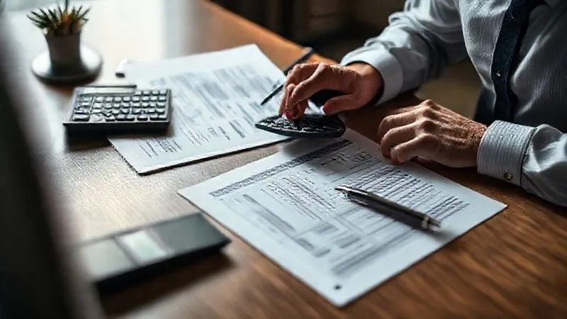 A photorealistic image of a professional at a desk, reviewing complex tax documents and investment statements on a tablet and paper, with a calculator and a pen. The scene uses soft, professional lighting, sharp focus on the documents, depth of field, 8K, cinematic lighting, shot on a high-end DSLR.