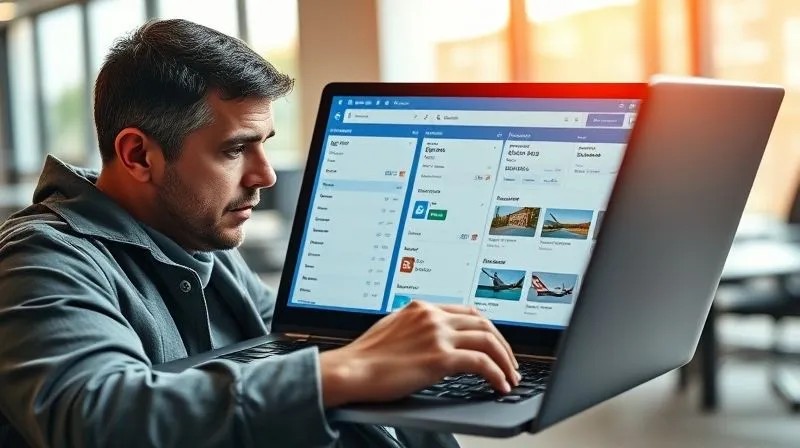 A professional looking intensely at multiple flight and hotel booking windows open on a laptop screen, comparing prices and routes, with a sense of focused urgency. Photorealistic, professional photography, 8K, cinematic lighting, sharp focus, depth of field, shot on a high-end DSLR.