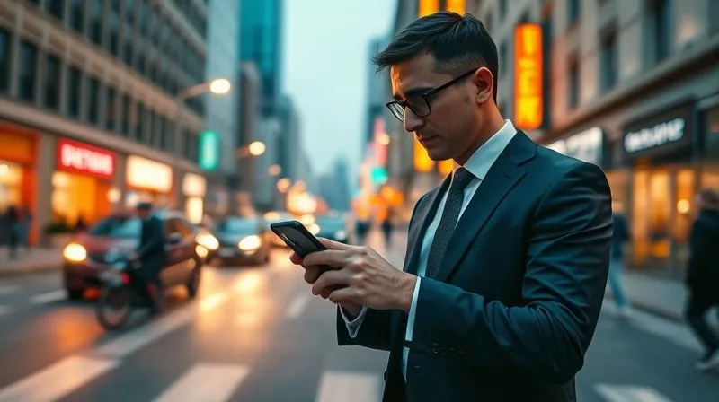 A professional in a business suit quickly and efficiently using a ride-share app on their smartphone, with a modern city street and blurred traffic in the background, conveying smart urban navigation. Photorealistic, professional photography, 8K, cinematic lighting, sharp focus, depth of field, shot on a high-end DSLR.