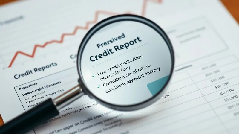 A photorealistic image of a magnifying glass hovering over a detailed credit report, highlighting positive financial indicators like low credit utilization and consistent payment history. The background shows a graph trending upwards, symbolizing credit score improvement. Cinematic lighting, sharp focus on the report, depth of field blurring the background. 8K hyper-detailed, shot on a high-end DSLR.