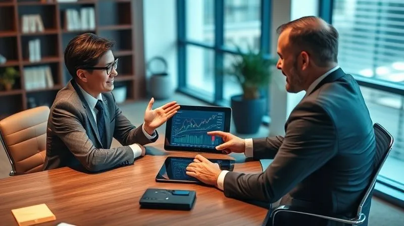 A photorealistic image of a professional person (client) seated across a desk from a financial advisor, both looking at a tablet displaying financial charts. The advisor is gesturing reassuringly, conveying expertise and guidance. Cinematic lighting, sharp focus on the individuals and the tablet, depth of field blurring the office background. 8K hyper-detailed, shot on a high-end DSLR.