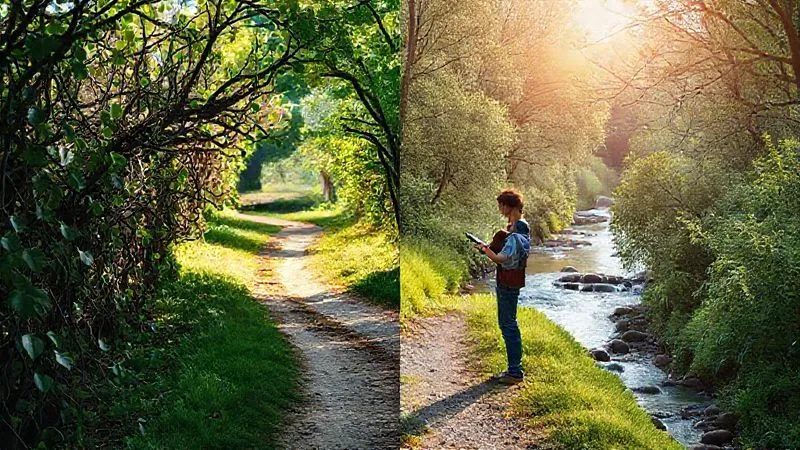 photorealistic, professional photography, 8K, cinematic lighting, sharp focus, depth of field, shot on a high-end DSLR. A split image showing two paths: one with tangled, high-interest loans represented by thorny vines, and the other with smooth, clear, low-interest loans represented by a flowing river. A student stands at a crossroads, evaluating options on a tablet, symbolizing the decision to refinance. The lighting is bright and hopeful on the 'clear' path.