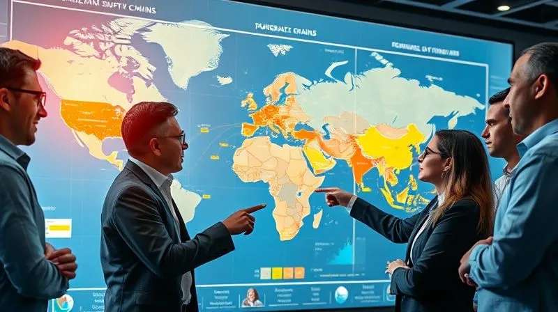 Photorealistic, professional photography, 8K, cinematic lighting, sharp focus, depth of field, shot on a high-end DSLR. A diverse group of business professionals, including a CFO, are actively collaborating around a large, interactive digital map displaying a global supply chain. The map shows various data layers like real-time shipping routes, inventory levels, and highlighted areas of economic risk. The team is pointing at the screen, engaged in strategic discussion, conveying a sense of informed, agile decision-making.