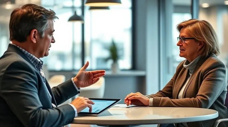 A photorealistic image of a credit union financial advisor empathetically listening to a member in a modern, well-lit office. The advisor is gesturing towards a tablet displaying financial projections, while the member looks engaged and reassured. Cinematic lighting, sharp focus on their interaction, depth of field blurring the background, 8K hyper-detailed, professional photography.