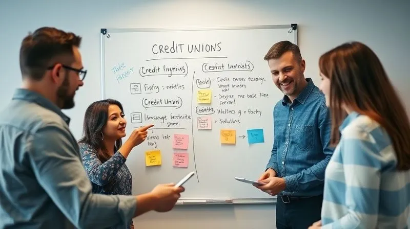 A photorealistic diverse team of credit union employees collaborating enthusiastically around a digital whiteboard, brainstorming innovative solutions. They are engaged, using sticky notes and digital tools, with a sense of energy and forward-thinking. Cinematic lighting, sharp focus, depth of field, 8K hyper-detailed, professional photography.