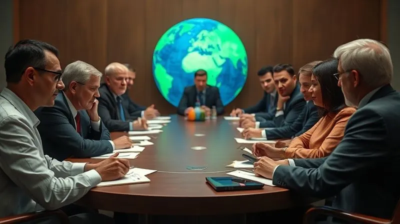A photorealistic image of a diverse group of world leaders or economists at a round table, engaged in serious discussion. A globe is subtly present in the background. The atmosphere is collaborative yet tense, reflecting the gravity of global economic challenges. Cinematic lighting, sharp focus on the faces and interaction, depth of field blurring the background. 8K hyper-detailed, professional photography, shot on a high-end DSLR.