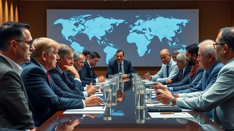 A photorealistic image of diverse global leaders at a conference table, engaged in serious discussion, with subtle world map projections in the background, symbolizing international cooperation on economic policy. Professional photography, 8K, cinematic lighting, sharp focus, depth of field, shot on a high-end DSLR.