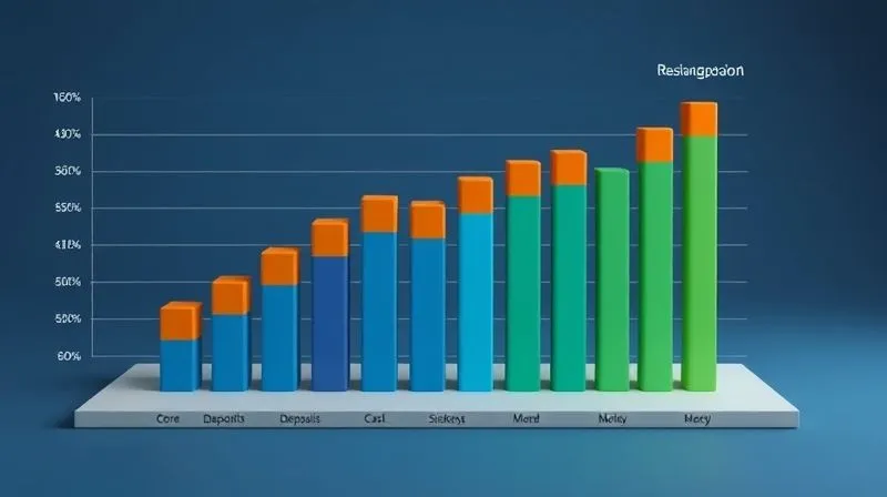 A photorealistic 3D bar chart showing deposit segmentation by cost and stickiness, with different colored bars representing core deposits, relationship deposits, and hot money. The chart should be clear and professional, with cinematic lighting and sharp focus, 8K hyper-detailed.