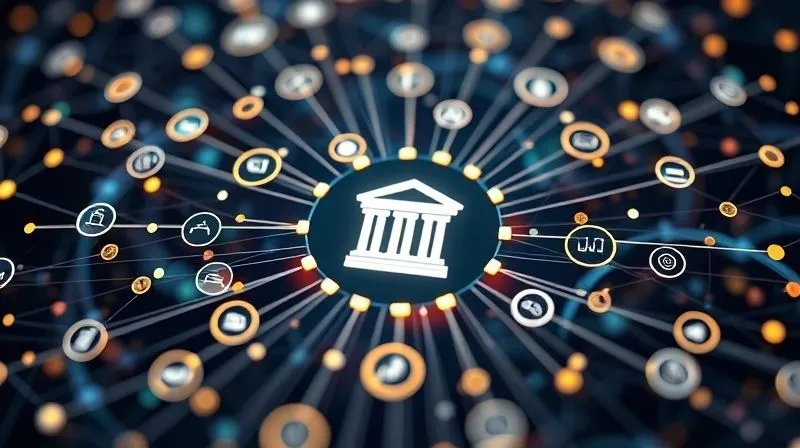 A photorealistic intricate network diagram showing various interconnected financial services and customer touchpoints (e.g., banking, insurance, investments, payments, advisory) orbiting a central bank logo, representing a banking ecosystem. Professional photography, 8K, cinematic lighting, sharp focus on the connections, depth of field.