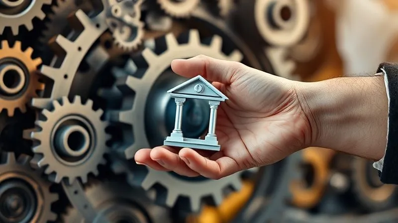 A photorealistic image of a complex regulatory framework represented by interlocking gears and legal documents, with a steady, strong hand carefully guiding a small bank icon through the machinery. Professional photography, 8K, cinematic lighting, sharp focus on the hand and gears, depth of field blurring the background.