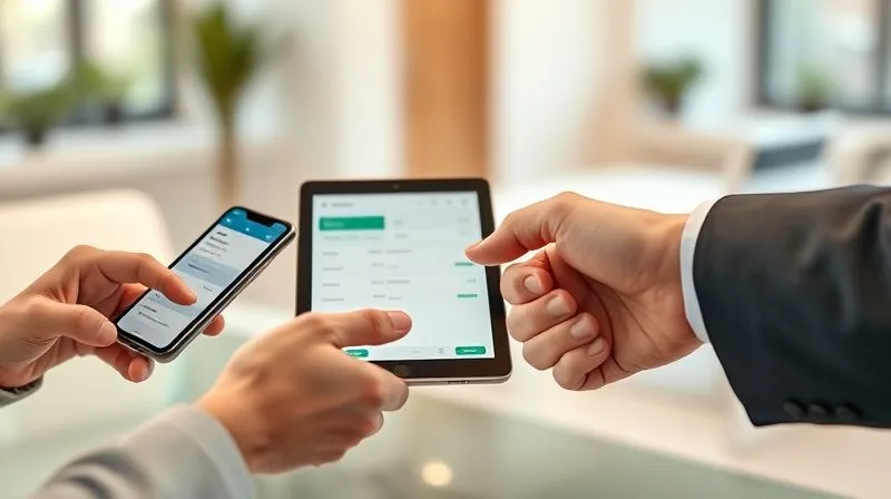 A photorealistic image showing a series of hands engaged in different aspects of automated investing: one hand setting up a recurring transfer on a banking app, another hand reviewing a simple portfolio on a tablet, and a third hand shaking a financial advisor's hand. The background is a clean, modern office. 8K, cinematic lighting, sharp focus, depth of field, shot on a high-end DSLR.