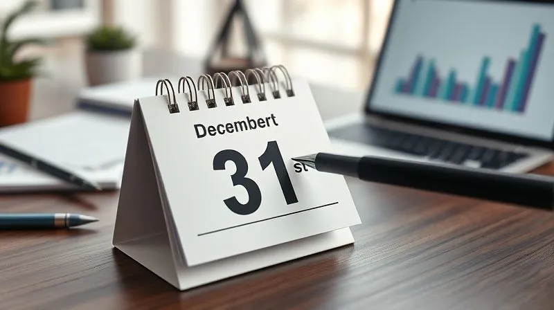 A photorealistic image of a calendar with the date 'December 31st' circled, and a pen hovering over it, symbolizing an annual financial review. On the desk are neatly organized financial documents and a laptop displaying a balanced portfolio. 8K, cinematic lighting, sharp focus on the calendar, depth of field, shot on a high-end DSLR.