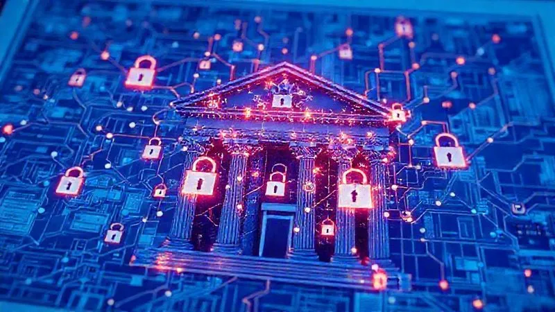 A photorealistic intricate network of digital nodes and secure data pathways, overlaid on a blueprint of a modern bank building. Emphasize cybersecurity locks and glowing data streams, professional photography, 8K, cinematic lighting, sharp focus on the complexity, depth of field blurring background architectural details.