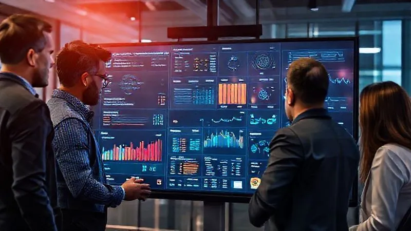 A photorealistic, professional photography, 8K, cinematic lighting, sharp focus, depth of field, shot on a high-end DSLR, depicting a diverse team of financial compliance professionals collaborating around a large, interactive digital display. The screen shows an integrated dashboard with various widgets displaying real-time virtual currency transaction alerts, AI-driven risk scores, and blockchain tracing graphs, all seamlessly connected. The atmosphere is focused and collaborative, highlighting human oversight combined with advanced technology.