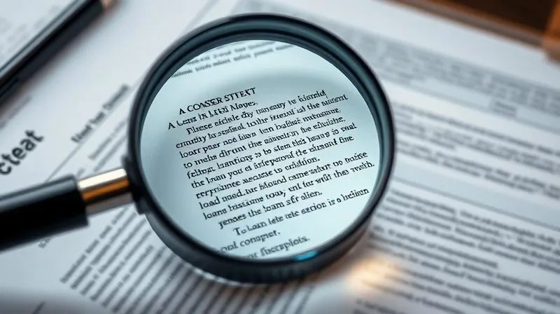 Photorealistic, professional photography, 8K, cinematic lighting, sharp focus, depth of field, shot on a high-end DSLR. A detailed close-up of a magnifying glass hovering over a complex financial document or contract, highlighting specific clauses related to loan terms and conditions. The background is blurred, focusing on the intricate details under scrutiny. The mood is one of meticulous analysis and due diligence.