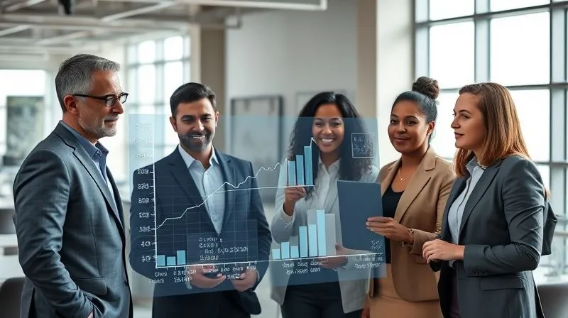 Photorealistic, professional photography, 8K, cinematic lighting, sharp focus, depth of field, shot on a high-end DSLR. A diverse group of successful professionals (30s-50s, various ethnicities) are gathered around a large, interactive digital display showing a complex financial projection or timeline, with graphs and figures indicating growth and debt reduction. Their expressions are engaged and collaborative, conveying a sense of shared understanding and strategic planning. The setting is a modern, bright office space.