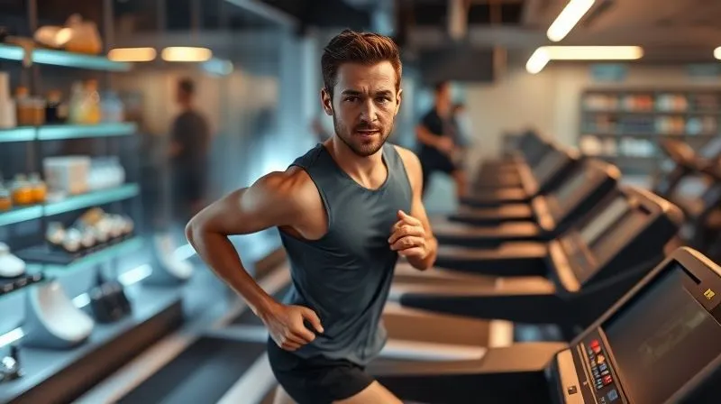 A photorealistic image of a person running on a high-tech treadmill, but the background behind them is a blur of escalating luxury items and expenses, symbolizing the hedonic treadmill and lifestyle creep. Cinematic lighting, sharp focus on the runner's determined face, depth of field blurring the background. Professional photography, 8K, shot on a high-end DSLR.