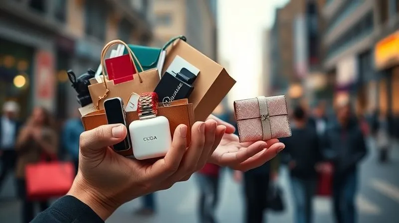 A photorealistic image contrasting two hands: one hand overflowing with various luxury shopping bags and expensive gadgets, looking overwhelmed, and another hand holding a single, beautifully crafted item with a serene, content expression. Cinematic lighting, sharp focus on both hands, depth of field blurring a background of bustling city life. Professional photography, 8K, shot on a high-end DSLR.