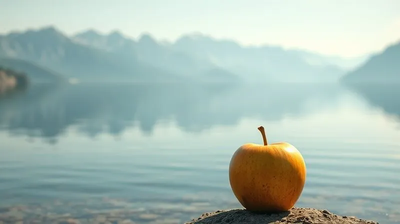 A photorealistic image depicting a clear, calm lake reflecting a distant, majestic mountain range, symbolizing a long-term financial vision. In the foreground, a single, tempting, shimmering golden apple sits on the shore. Cinematic lighting, sharp focus on both the distant mountains and the apple, depth of field creating a sense of vastness. Professional photography, 8K, shot on a high-end DSLR.