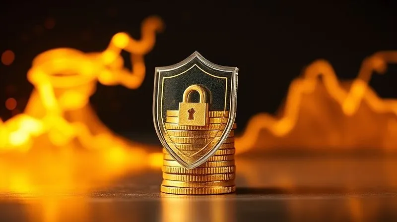 A photorealistic image of a secure, transparent shield protecting a stack of gold coins from a fiery, abstract inflation wave, sharp focus on the coins and shield, depth of field, 8K hyper-detailed, professional photography, shot on a high-end DSLR.