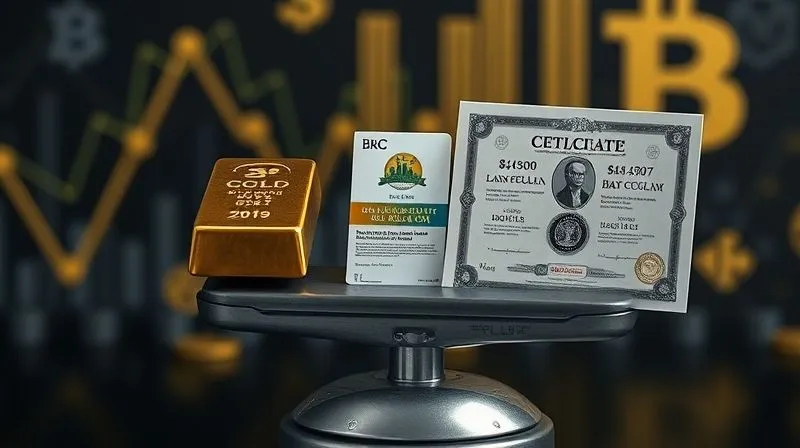 A photorealistic image of a diverse portfolio of assets – a gold bar, a small land plot deed, and a bond certificate – balanced on a scale, with abstract inflation symbols in the background, sharp focus on the assets, depth of field, 8K hyper-detailed, professional photography, shot on a high-end DSLR.