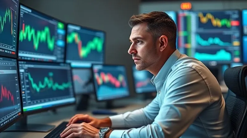 A photorealistic image of a skilled investor at a trading desk, multiple screens showing dynamic market data and charts, focused expression, cinematic lighting, sharp focus on the investor, depth of field, 8K hyper-detailed, professional photography, shot on a high-end DSLR.