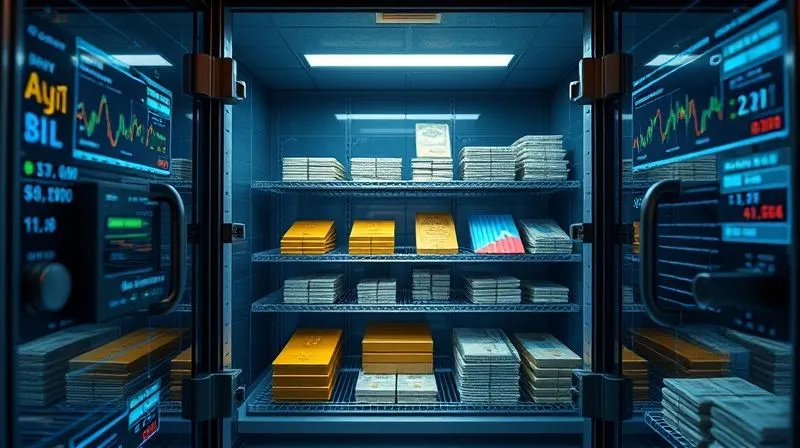 A photorealistic image of a secure, transparent vault with digital screens displaying real-time financial data and charts, showing diverse assets like cash, gold bars, and government bonds, all clearly labeled and independently audited. Professional photography, 8K, cinematic lighting, sharp focus, depth of field, shot on a high-end DSLR.