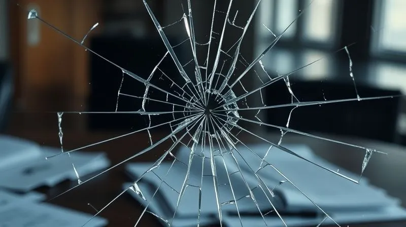 A photorealistic image depicting a shattered glass shield with cracks spreading, symbolizing damaged reputation and financial loss, against a backdrop of blurred office documents. Professional photography, 8K, cinematic lighting, sharp focus on the cracked shield, depth of field, shot on a high-end DSLR.