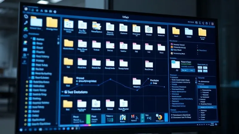 A photorealistic image of a highly organized digital document management system interface on a modern monitor, with various folders and files clearly labeled and easily searchable. Professional photography, 8K, cinematic lighting, sharp focus on the screen, depth of field, shot on a high-end DSLR.