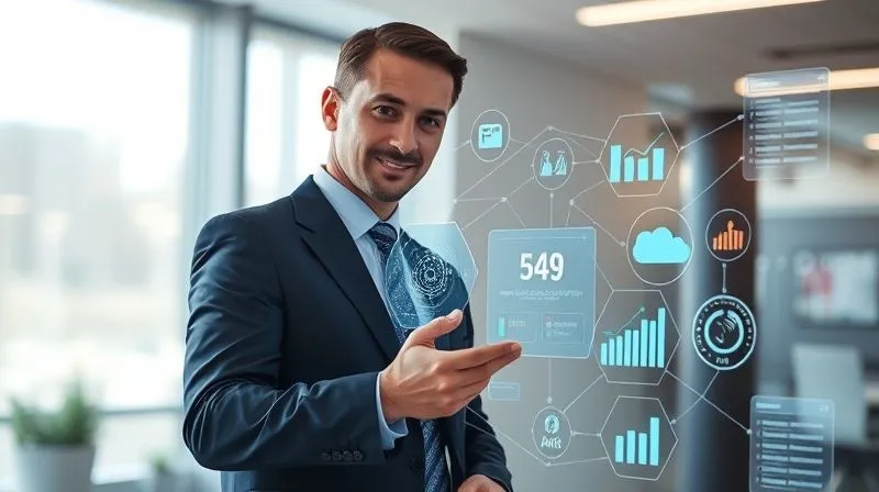 A photorealistic image of an insurance agent confidently interacting with a holographic display showing interconnected data points, policy details, and risk analytics, symbolizing advanced technology in risk management. Professional photography, 8K, cinematic lighting, sharp focus on the agent and display, depth of field, shot on a high-end DSLR.