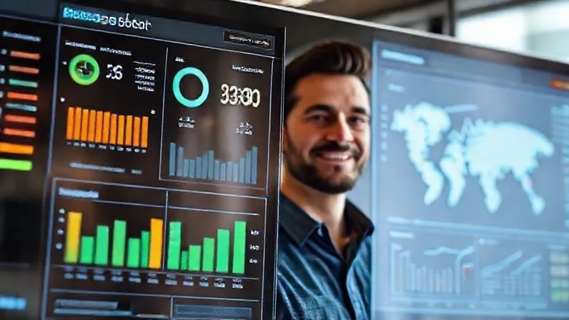 A photorealistic, sleek digital dashboard displaying various sales tax metrics, compliance statuses, and geographical sales data, with a confident e-commerce business owner smiling slightly in the background, looking at the screen. Professional photography, 8K, cinematic lighting, sharp focus, depth of field.