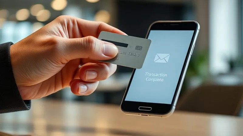 A close-up of a professional's hand holding a sleek credit card, tapping it against a smartphone for an online payment. The smartphone screen subtly displays digital envelope icons and a 'transaction complete' message, symbolizing controlled spending even with credit. The background is a blurred, modern office setting. photorealistic, professional photography, 8K, cinematic lighting, sharp focus, depth of field, shot on a high-end DSLR.