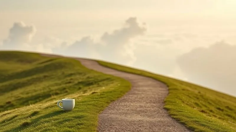 A photorealistic image of a subtle, winding path ascending a gentle hill, with small, appealing upgrades (a fancy coffee cup, a new gadget) placed along the path, symbolizing the gradual nature of lifestyle creep. The path leads towards a distant, slightly ominous cloud shaped like a debt symbol. Cinematic lighting, 8K, sharp focus on the path, depth of field blurring the background. Shot on a high-end DSLR.
