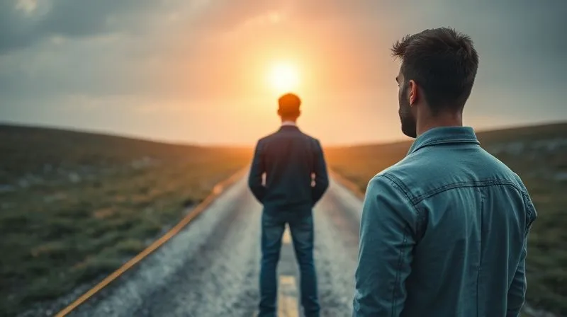 A photorealistic image of a person standing at a crossroads, one path leading towards immediate, brightly lit, appealing consumer goods, and the other path leading towards a slightly less flashy but more stable and long-term financial landscape. The person is looking thoughtfully at the long-term path. Cinematic lighting, 8K, sharp focus on the person's contemplative expression, depth of field blurring the background. Shot on a high-end DSLR.