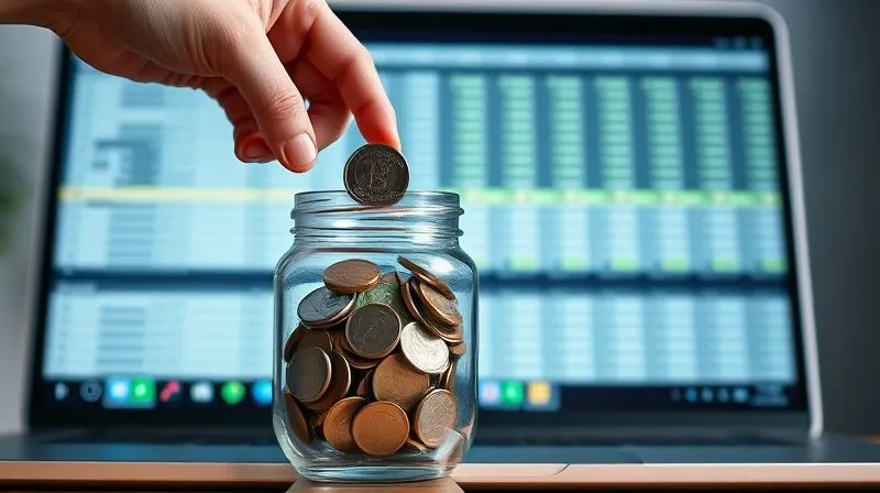 A photorealistic image of a hand placing a coin into a transparent savings jar, which already contains a significant amount of coins and bills, symbolizing consistent saving and growth. The background shows a blurry financial spreadsheet on a laptop screen. Cinematic lighting, sharp focus on the hand and jar, depth of field. 8K hyper-detailed, professional photography.
