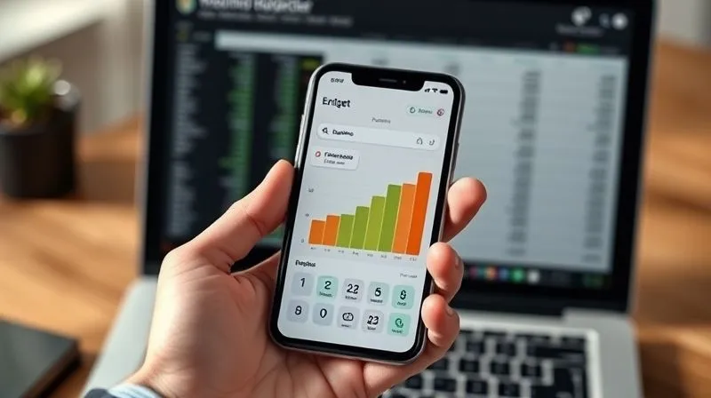 A photorealistic image of a sleek smartphone displaying a budgeting app interface with colorful graphs showing income and expense fluctuations, held by a professional hand. In the background, a blurred laptop screen shows a detailed financial spreadsheet. Cinematic lighting, sharp focus on the phone screen, depth of field. 8K hyper-detailed, professional photography.